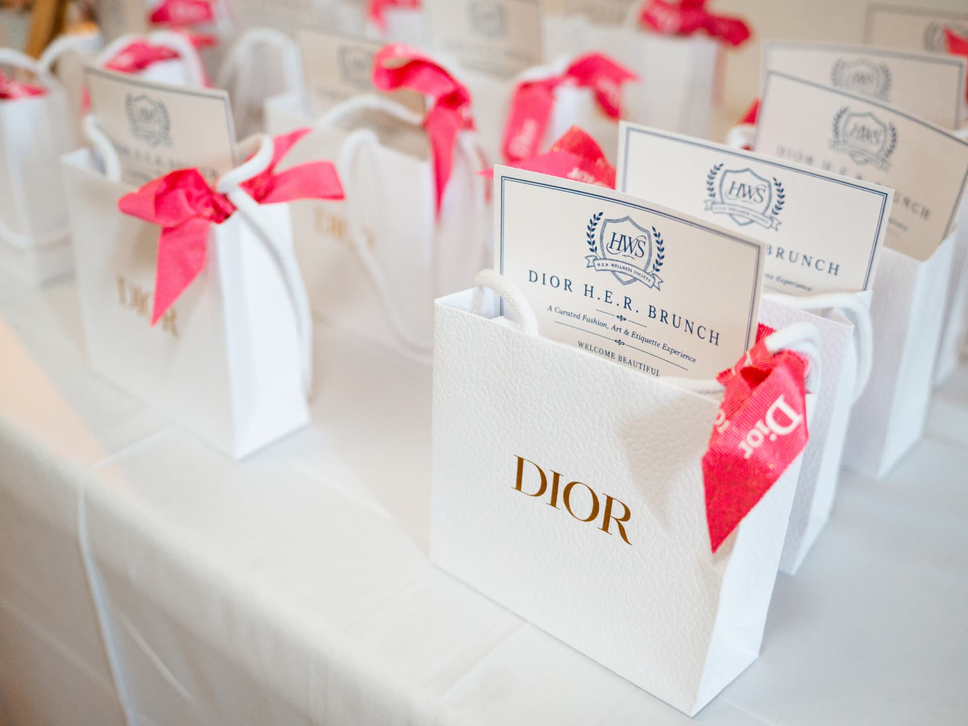 Row of Dior gift bags with pink ribbons and branded cards